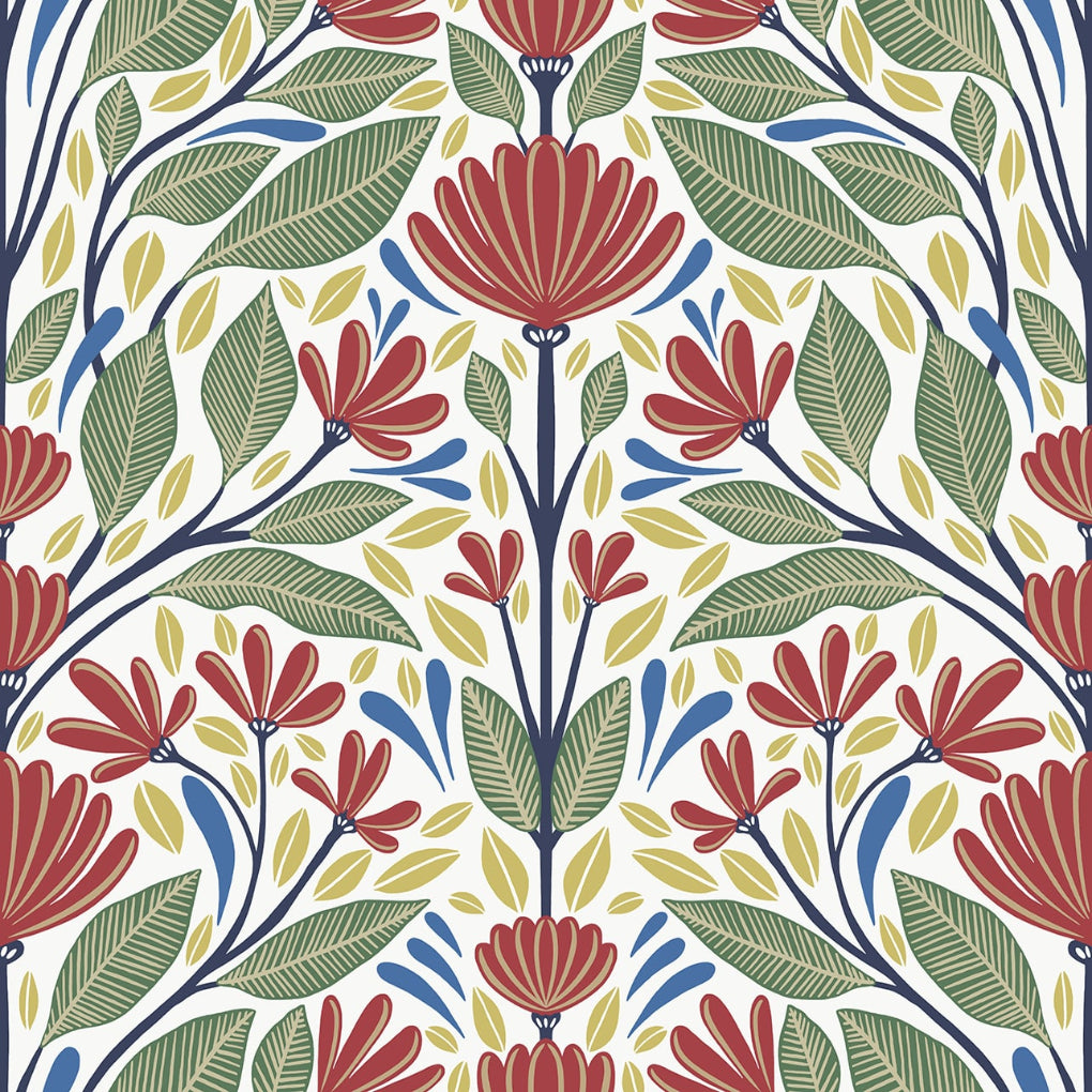 Colorful floral pattern with red, green, and blue flowers on a white background