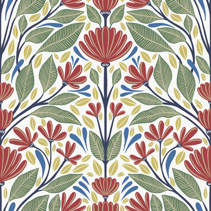 Colorful floral pattern with red, green, and blue flowers on a white background