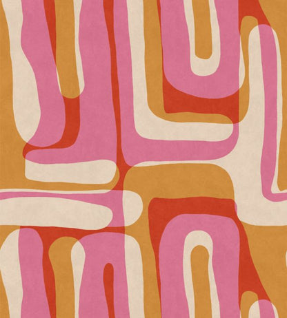 A close-up of an abstract patterned fabric or wallpaper featuring organic, flowing shapes in pink, orange, cream, and mustard yellow.