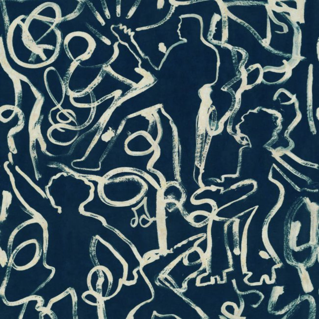 Abstract pattern with silhouettes of people and musical instruments on a dark blue background