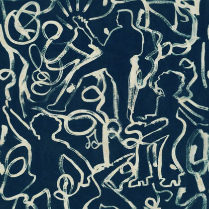 Abstract pattern with silhouettes of people and musical instruments on a dark blue background